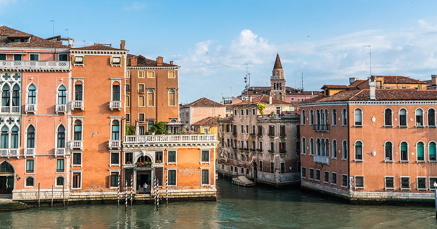 Venice Canal Architecture with Bell Tower