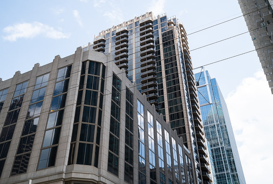 Low Angle View of Modern Glass Office Buildings
