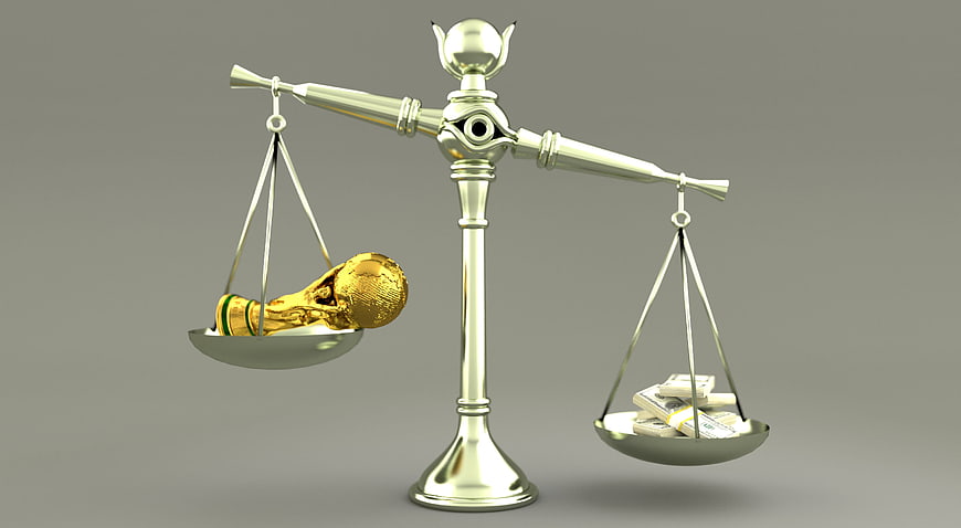 3D Concept of Football Corruption with Trophy and Money on Scales