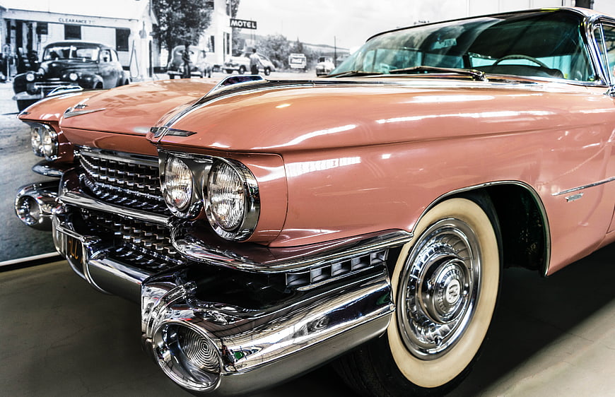 Pink Classic Cadillac Front View With Chrome Details