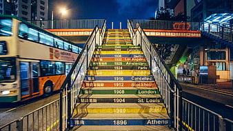 Colorful Olympic Games Stairs in Hong Kong at Night