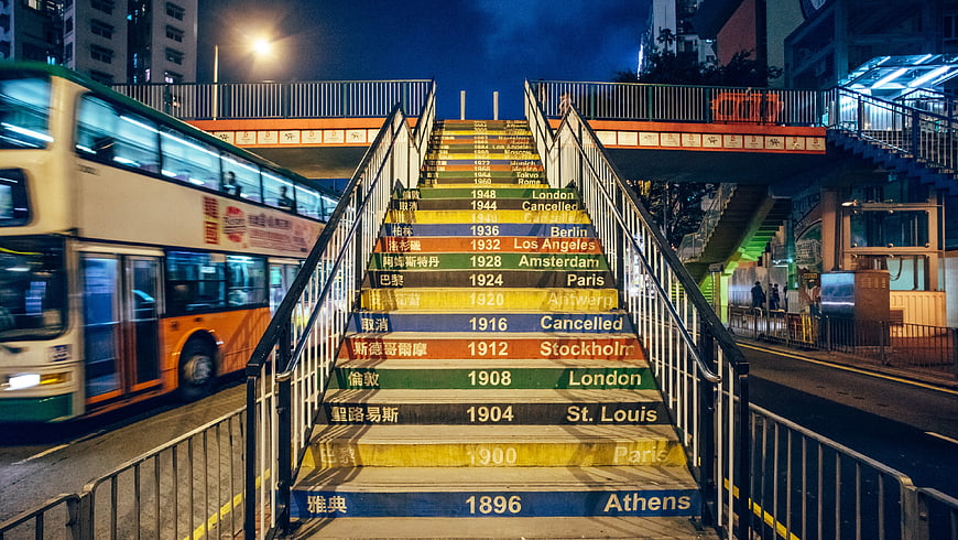Colorful Olympic Games Stairs in Hong Kong at Night