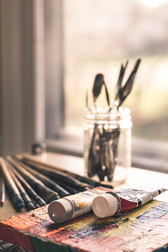 Artist Palette with Paint Tubes and Brushes by Window
