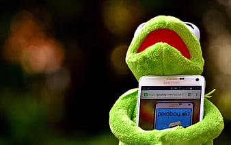Green frog plush toy holding a white Samsung smartphone