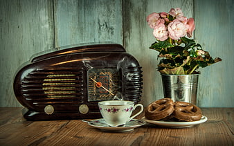 Vintage Radio, Tea, and Pretzels Still Life