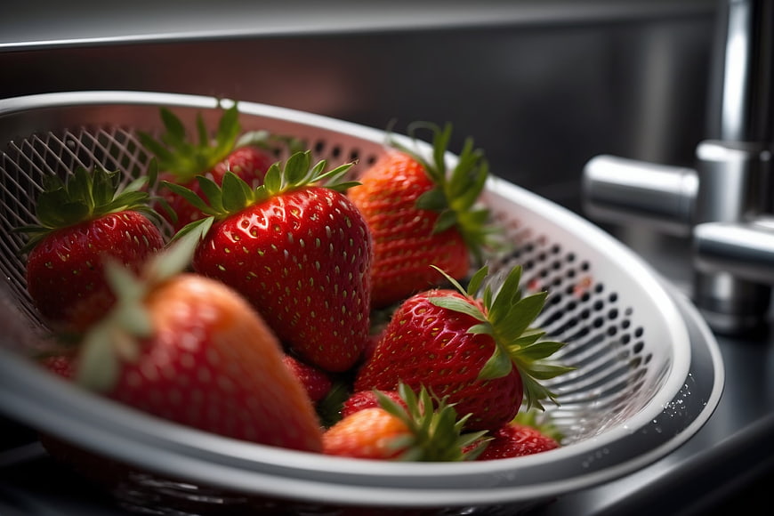 Fresh red strawberries in a white colander