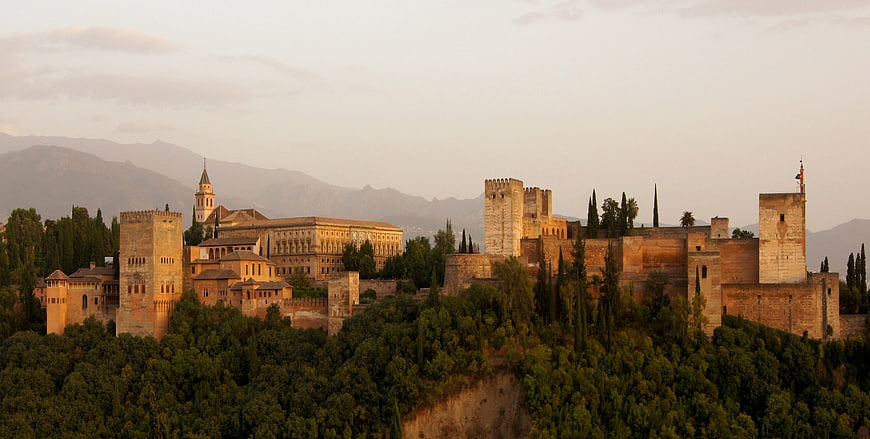 Panoramic View of Alhambra Palace at Sunset in Granada