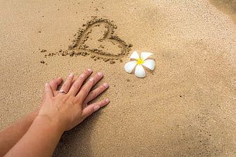 Couple Hands With Engagement Ring, Sand Heart And Plumeria Flower On Beach