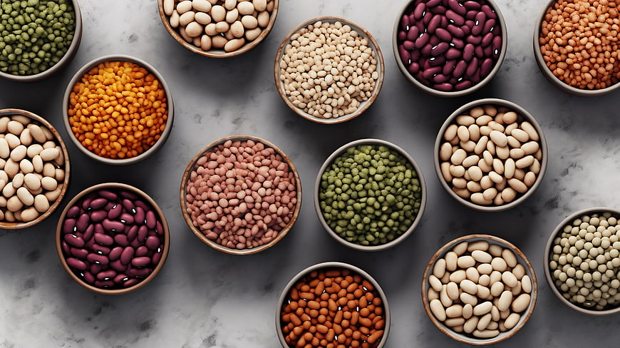 Top View of Various Dried Beans and Legumes in Bowls
