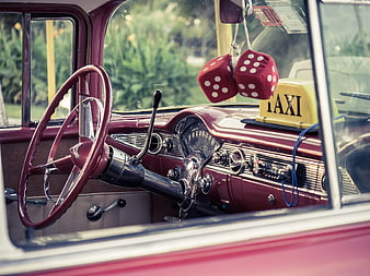 Vintage Red Taxi Interior with Dashboard and Steering Wheel