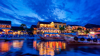 Hoi An Ancient Town Night Skyline with Boats and Reflections