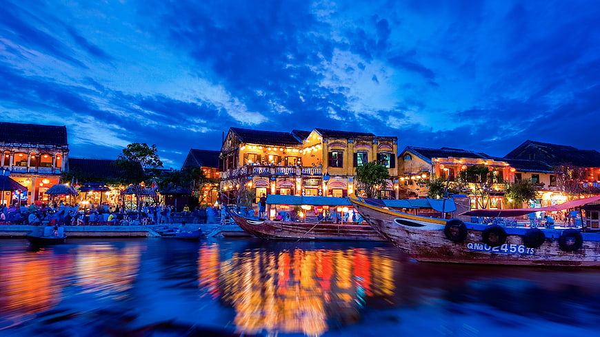 Hoi An Ancient Town Night Skyline with Boats and Reflections