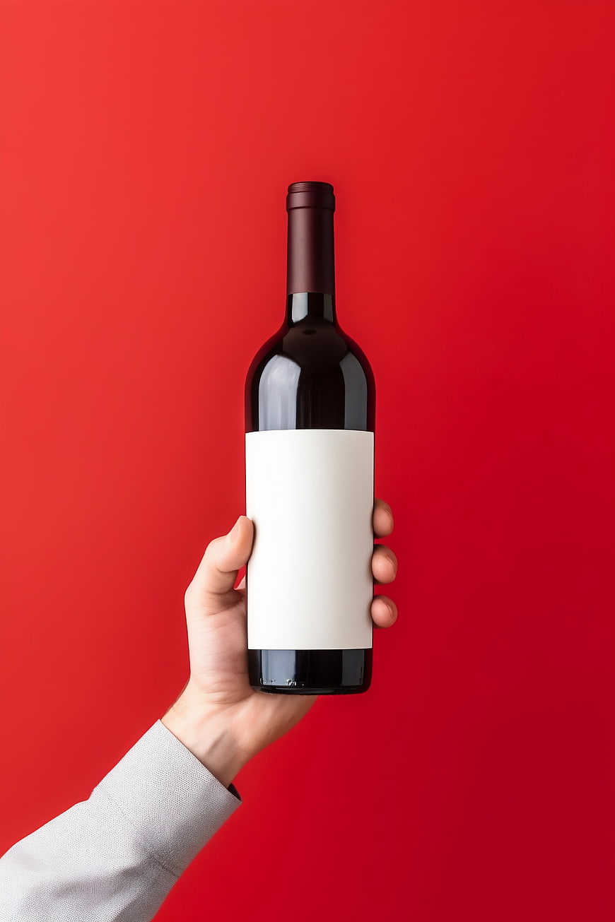 Hand holding wine bottle with blank label on red background