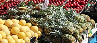 Fresh Pineapples, Melons, and Apples at Outdoor Market