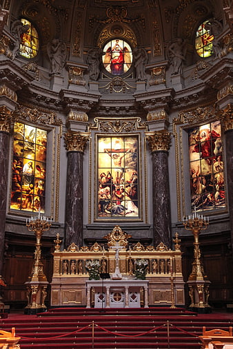 Ornate Baroque Cathedral Altar with Stained Glass