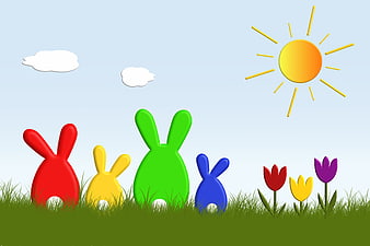 Colorful Easter Bunnies in Grass with Sun and Tulips