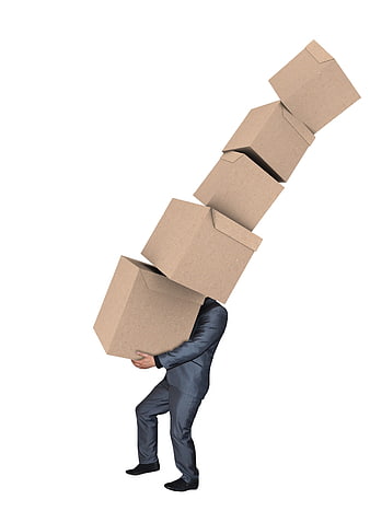 Businessman Carrying Heavy Stack Of Cardboard Boxes On White Background