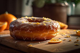 Glazed Donut with Orange Zest on Wooden Board