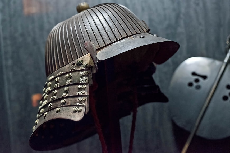 Japanese Samurai Helmet With Ribbed Dome And Metal Neck Guard