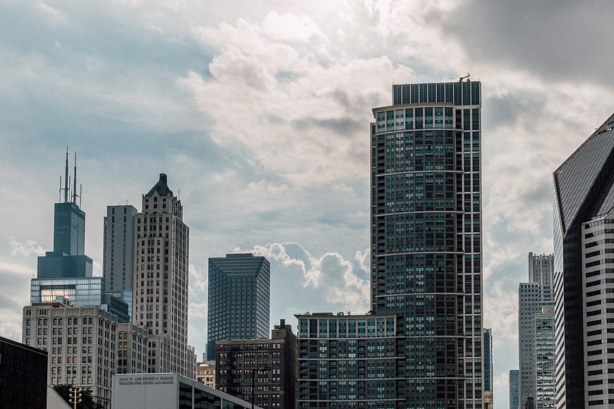 Chicago skyline with skyscrapers and cloudy sky