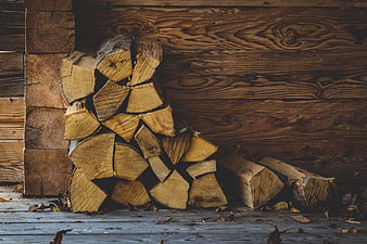 Stacked Firewood Against Rustic Wooden Wall