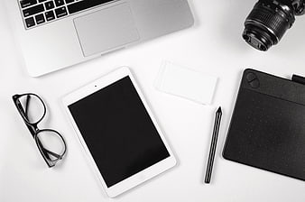 Minimalist Creative Workspace Flat Lay with Laptop and Tablet
