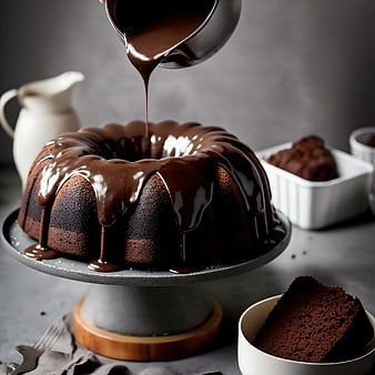 Pouring rich chocolate ganache over a bundt cake
