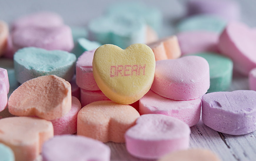 Pastel Conversation Hearts with Dream Message Close Up