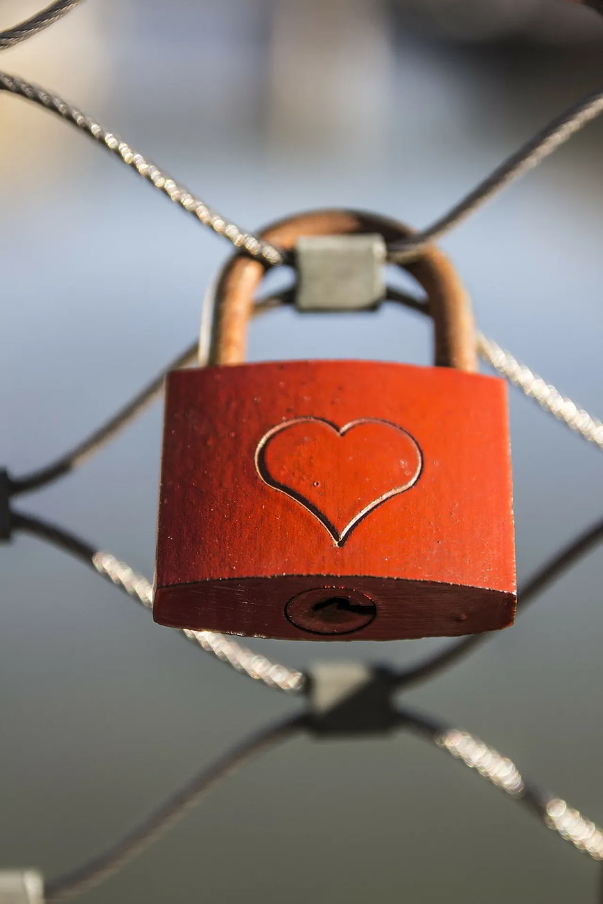 Red Heart Padlock on Wire Fence