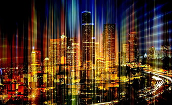 Seattle Skyline Night View With Dramatic Vertical Light Streaks