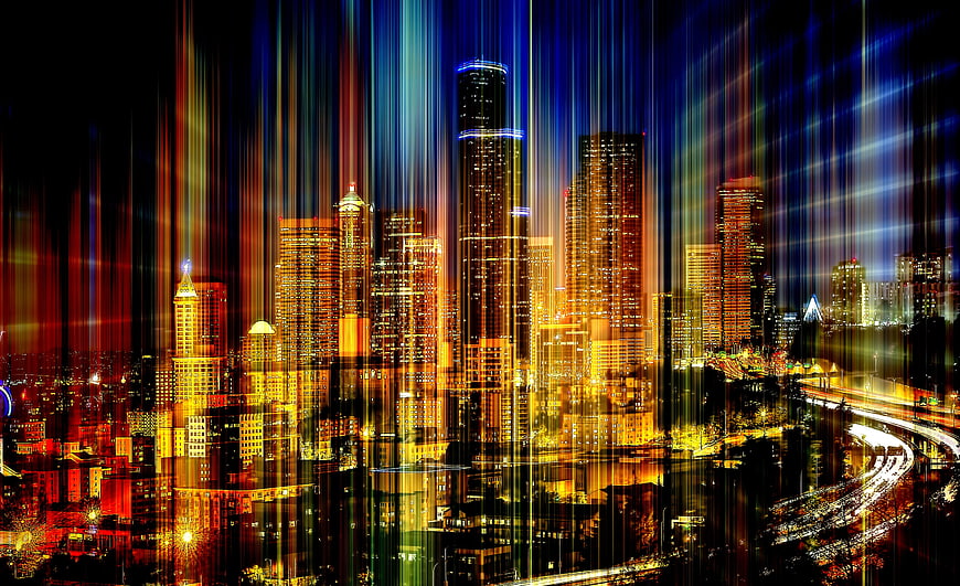 Seattle Skyline Night View With Dramatic Vertical Light Streaks
