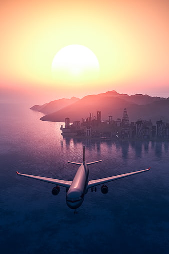 Airplane Flying Over Coastal City at Sunset