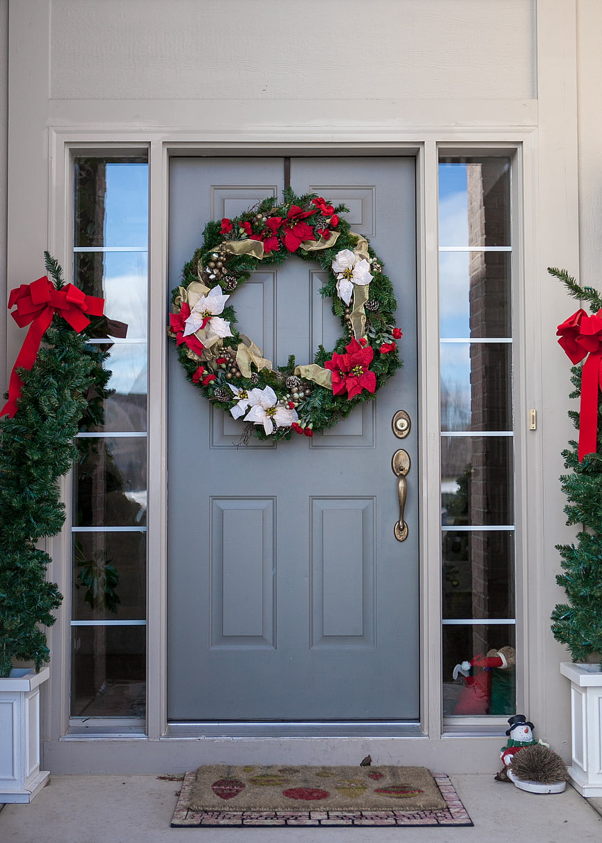 Festive Christmas Wreath on Gray Front Door