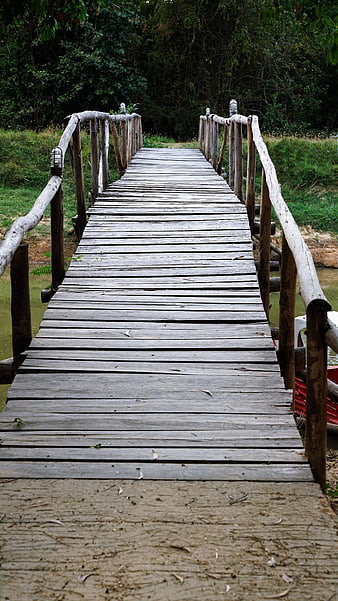 Rustic Wooden Bridge Over River in Lush Forest