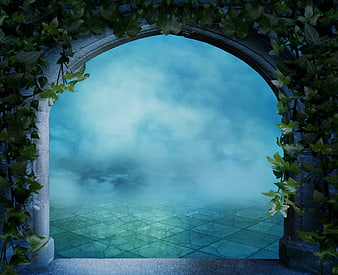 Mystical Stone Archway With Ivy And Foggy Fantasy Background