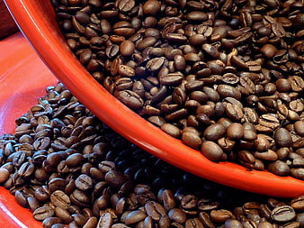 Roasted Coffee Beans Spilling from Red Bowl