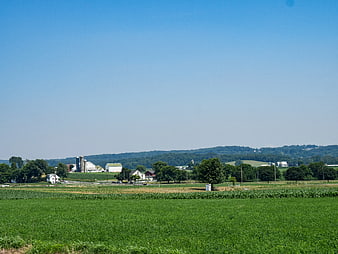 Green agricultural fields with farm buildings and blue sky