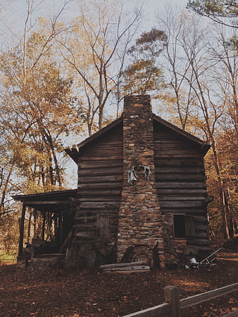 Rustic Log Cabin with Stone Chimney in Autumn Forest