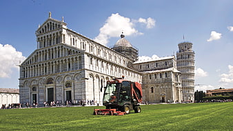 Leaning Tower of Pisa and Cathedral with Lawn Mower