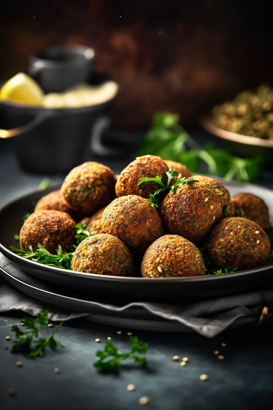 Crispy Falafel Balls on Black Plate with Parsley Garnish