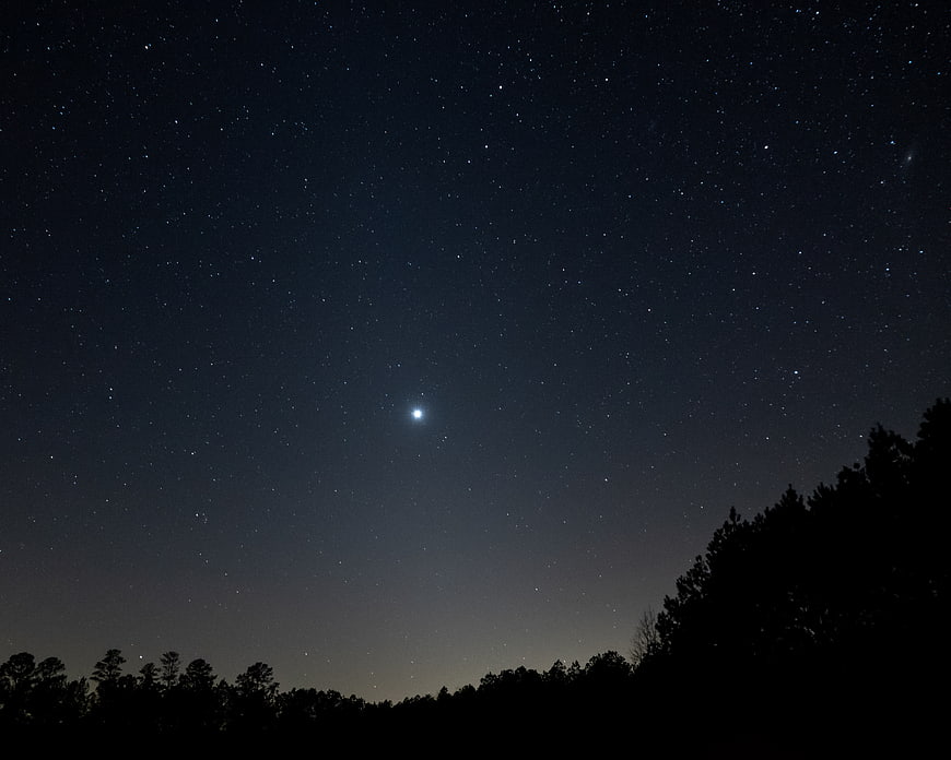 Starry Night Sky with Bright Planet over Forest Silhouette