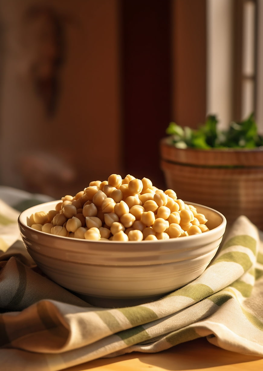 Bowl of boiled chickpeas on a striped kitchen towel