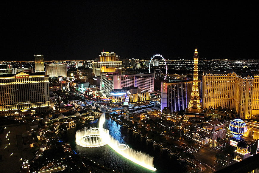 Aerial Night View of Las Vegas Strip with Bellagio Fountains