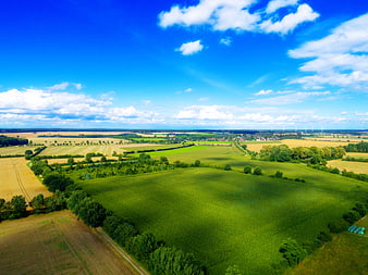 Aerial View of Green Agricultural Fields and Blue Sky
