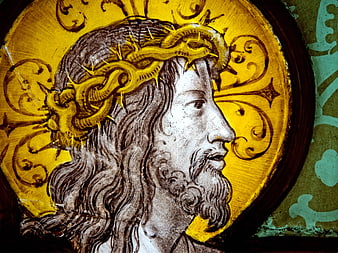 Stained Glass Portrait of Jesus Christ Wearing Crown of Thorns