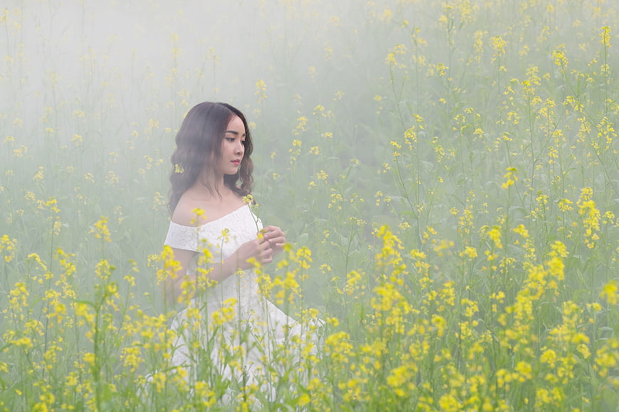 Woman in White Dress in Misty Yellow Flower Field