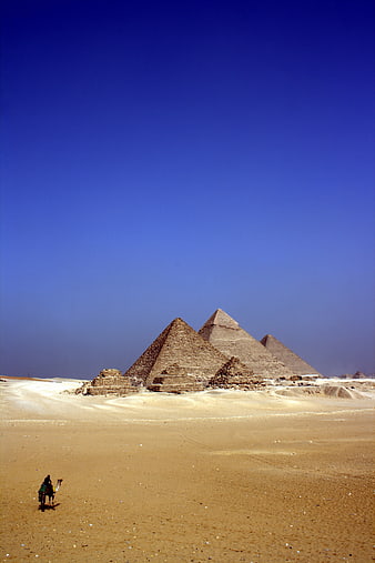 Pyramids of Giza with Camel Rider in Desert Landscape