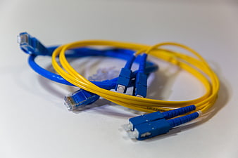 Blue and Yellow Fiber Optic Cables with Connectors on White Surface