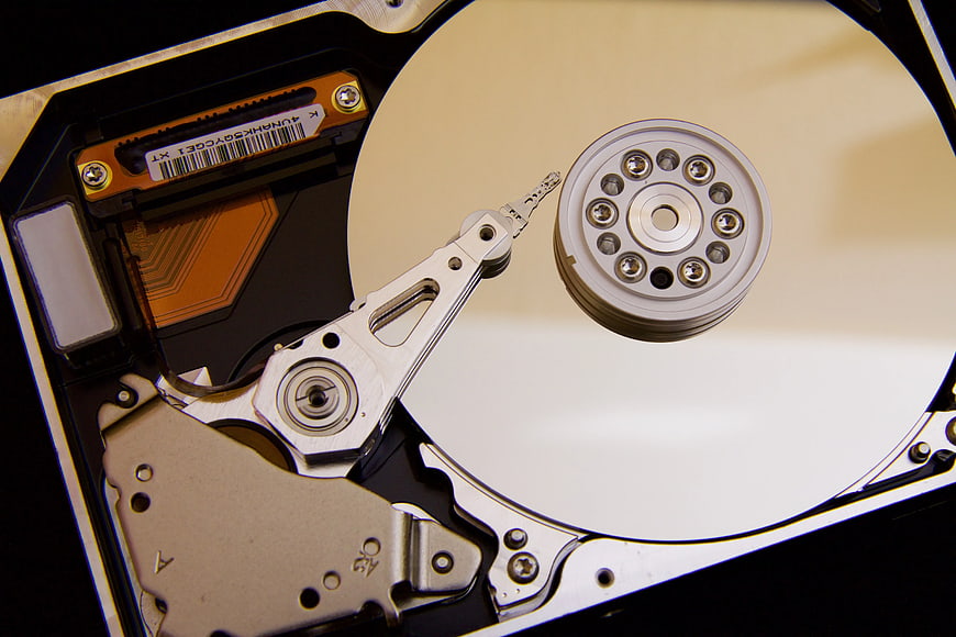 Close-up of Open Hard Drive Internal Mechanics