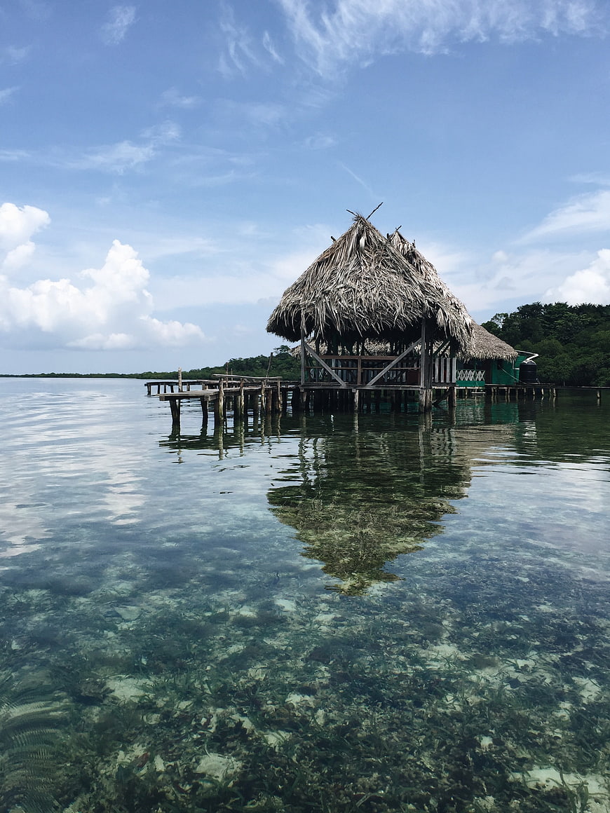 Thatched Hut on Stilts in Clear Tropical Water